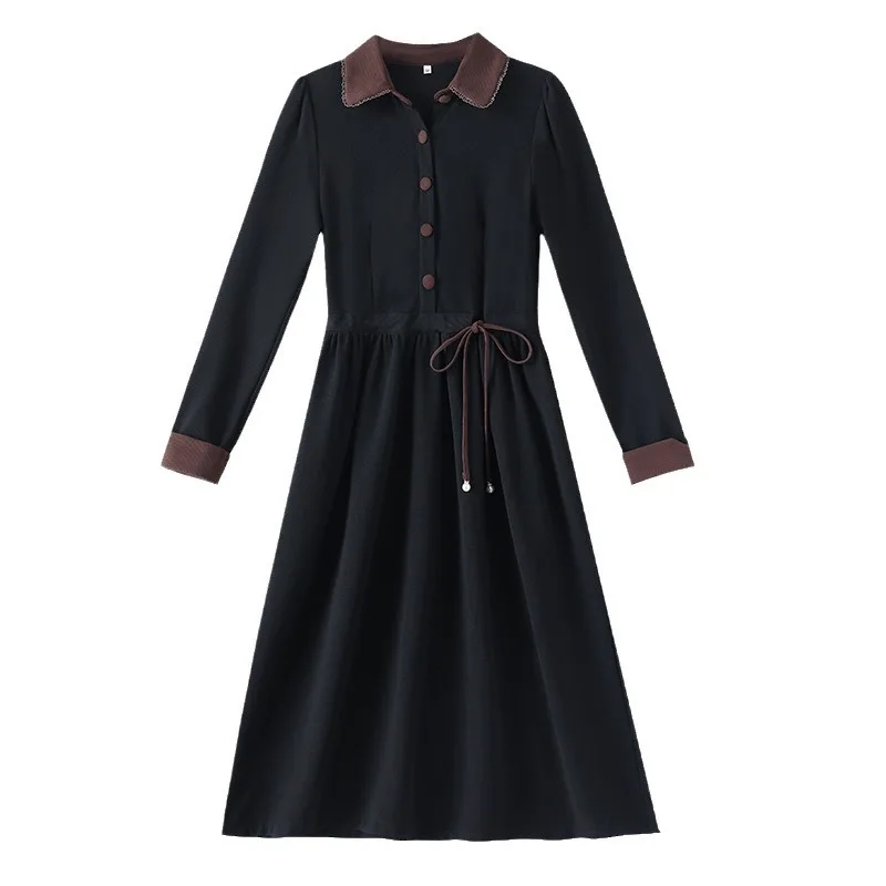 Vestido de manga comprida de camada única cor café com gravata elástica na cintura para efeito de emagrecimento, gola de renda e comprimento médio