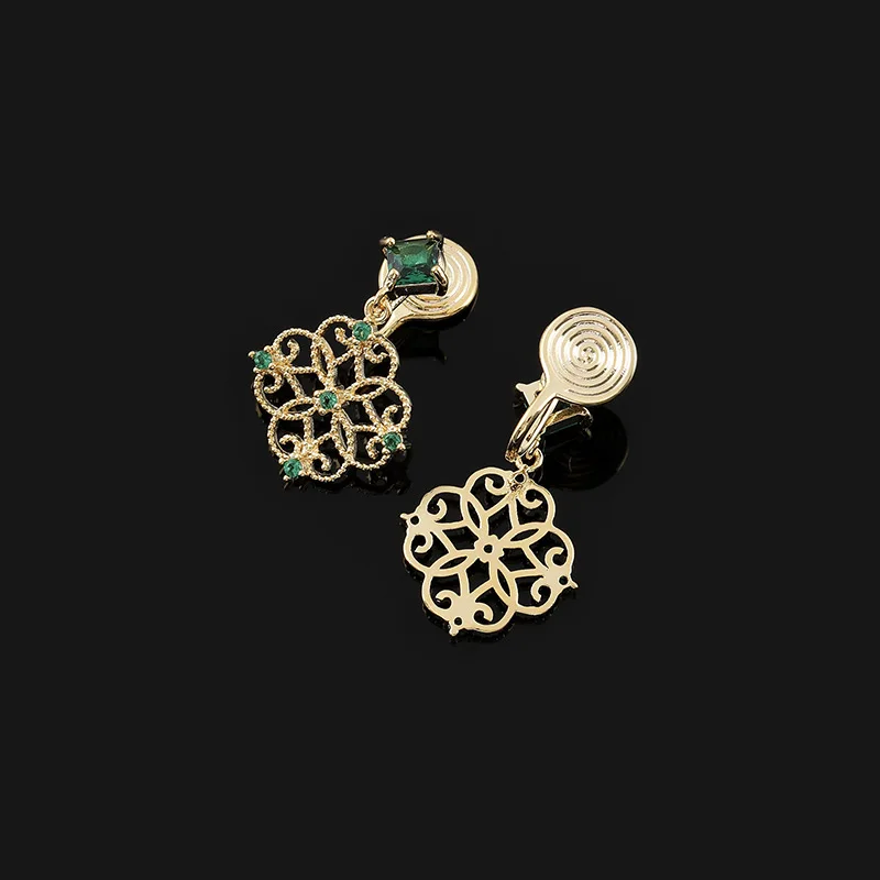 New Chinese Style Green Zircon Earrings Retro Geometric Mosquito Coil Ear Clip No Ear Hole Accessory Gift