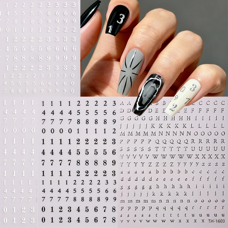 

3D Black Silver Alphabet Nail Art Stickers Letter Number Nail Stickers Self-Adhesive Decals Sliders for Nails DIY Manicure Decor
