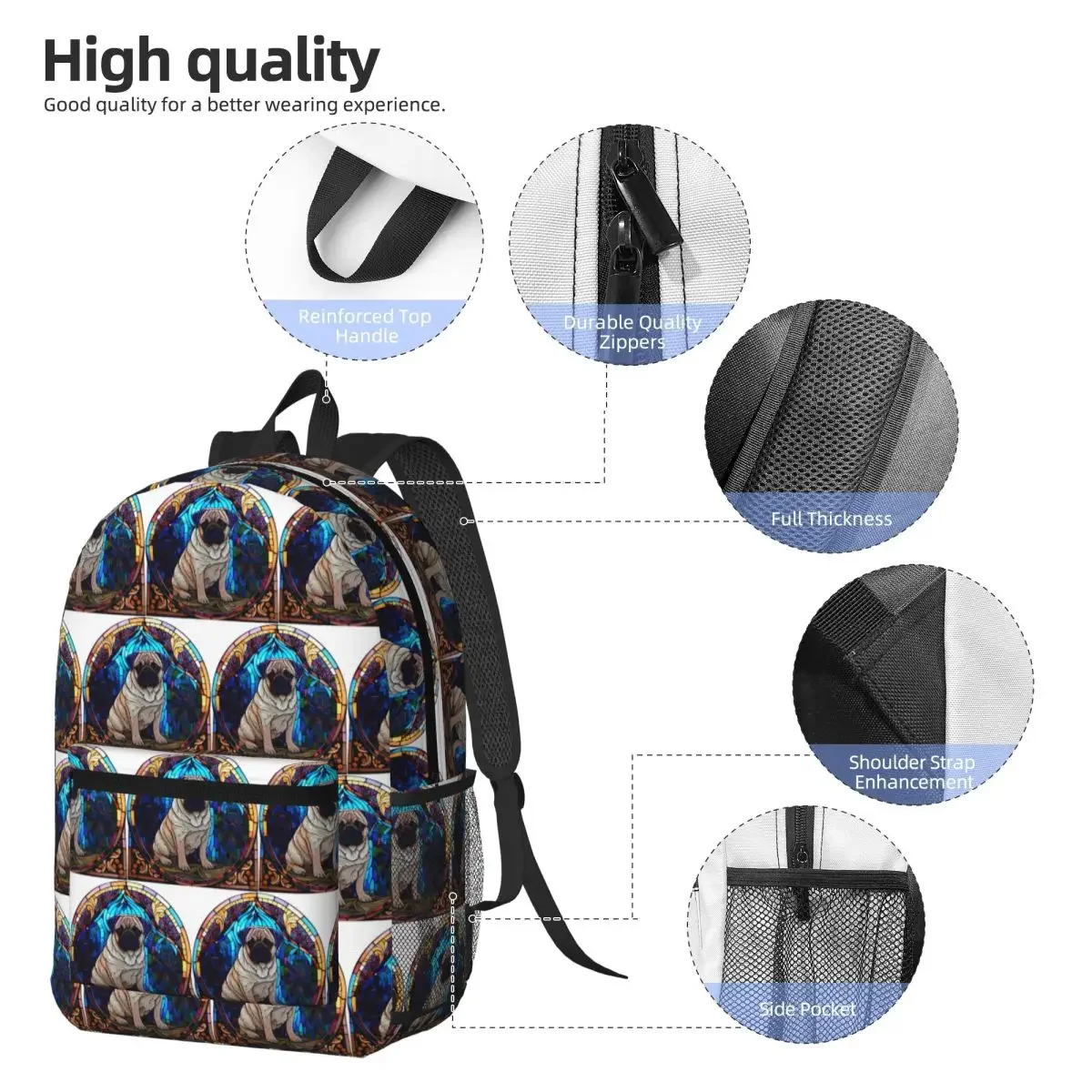 Stained Glass Art Colorful Dog Pug Dog Backpack Student BookBag Children School Bag Laptop Shoulder Bags for Men Women
