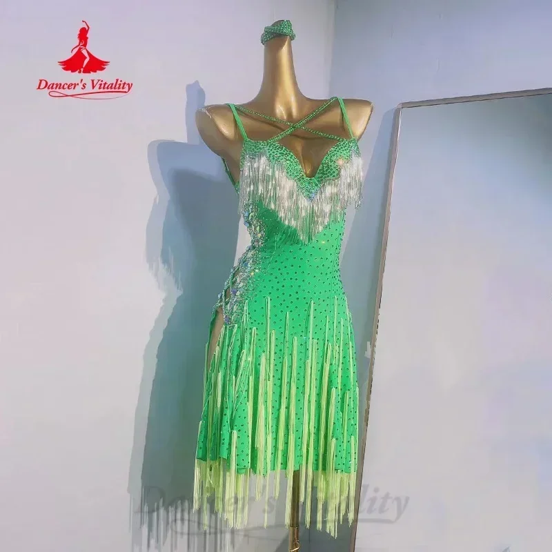 

Latin Dance Dress for Women Custom Luxury Rhinestone Tassel Performance Costume Girls Tango Samba Rumba Competition Clothing