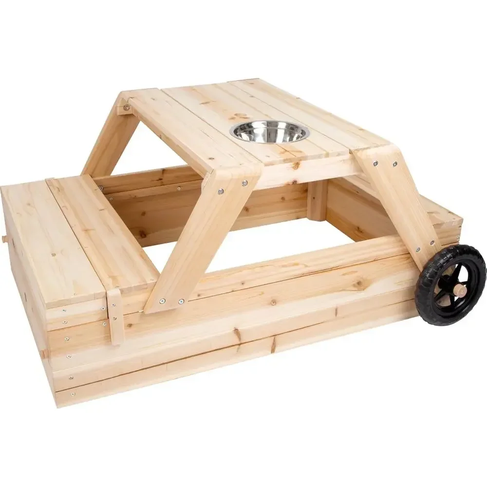 small oot Sandbox with Seating Area and Mud Table, Made o Wood, 3-in-1 Sandpit or Kids, Slides Together, 12420