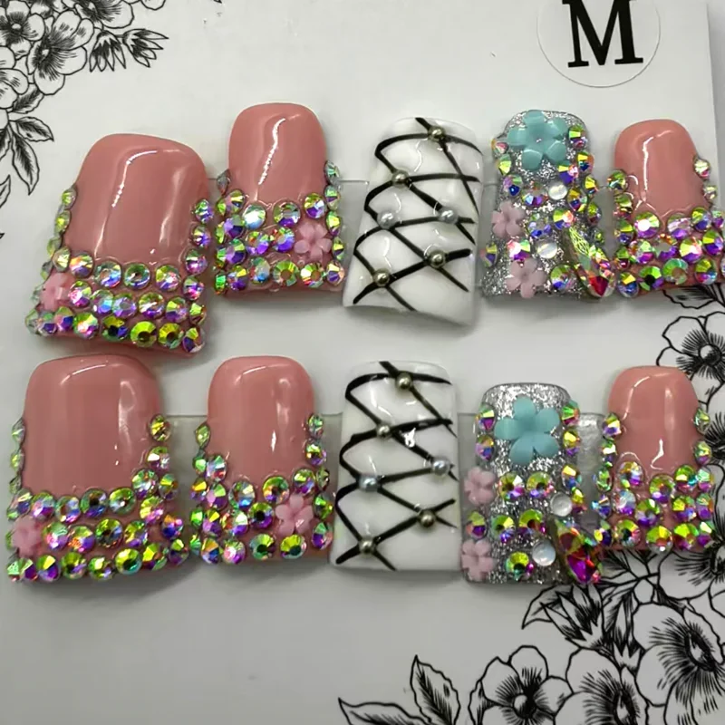 10 قطعة بطة يدوية الصنع اضغط على الأظافر Y2K الأظافر كاذبة ليوبارد طباعة أظافر وهمية نصائح قصيرة تصميم فرنسي Ins Spice Girl يمكن ارتداؤها