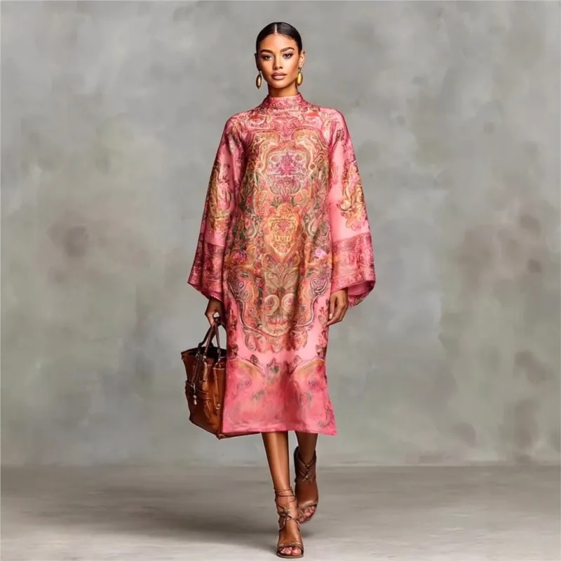 Frauen Herbst Retro Lose Kleid Frauen Langarm Böhmischen Blume Drucken Seite Split Lange Robe Vestidos