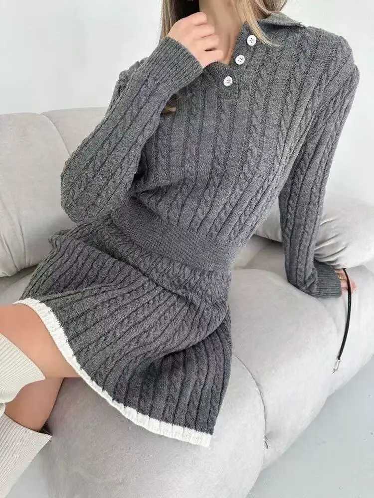 Autumn Winter Solid Fashion 2 Piece-Set Women Color Contrast Long Sleeve Lapel Pullover and High Waist Mini Skirt Casual Outfits
