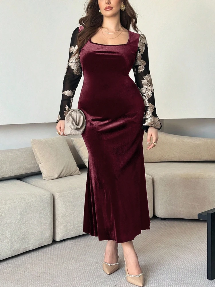 

L-4XL Plus Size Elegant Midi Dress 2026 Spring Summer Women Office Lady Dress Casual Long Sleeve Velvet Robe Oversize Dress