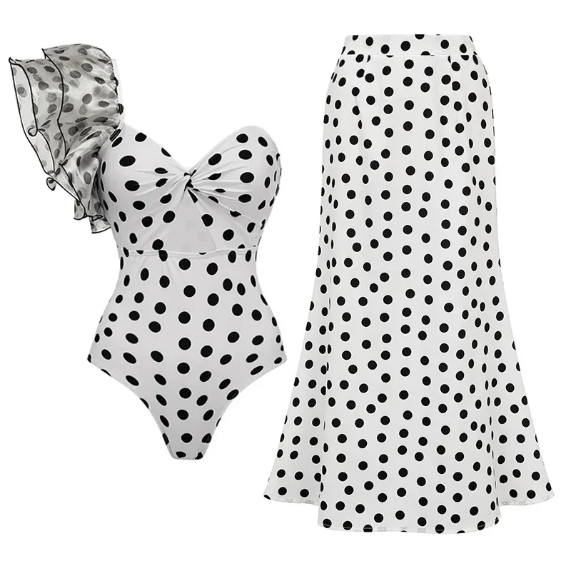 Vintage Ruffle Dot Printed Swimsuit and Skirt for Women, Vacation Swimwear, Luxury Bathing Suit, New