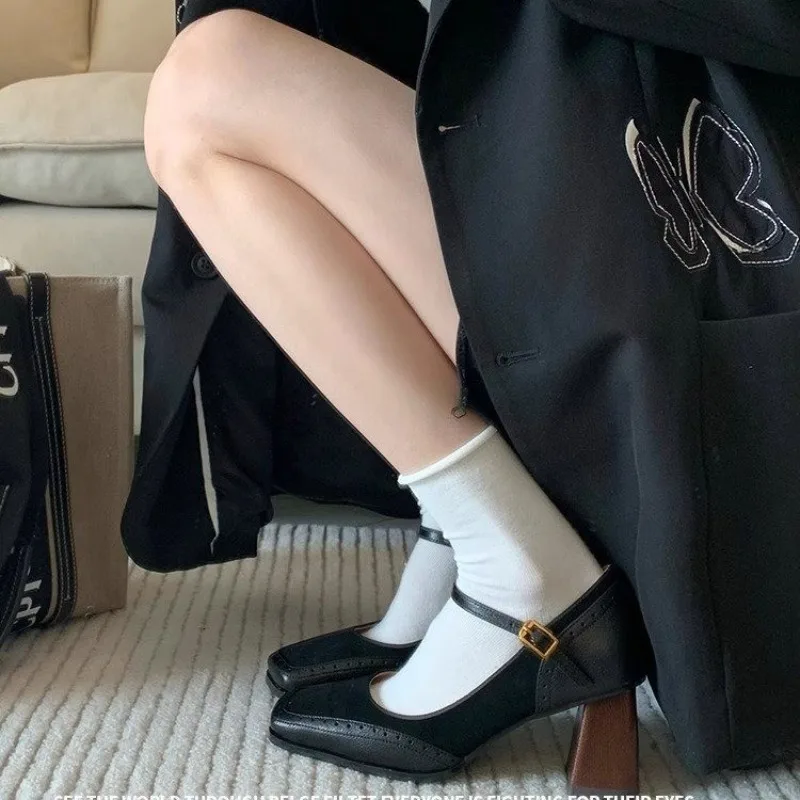 

Французские винтажные коричневые женские туфли Мэри Джейн с квадратным носком и пряжкой на ремешке, женские туфли на блочном каблуке