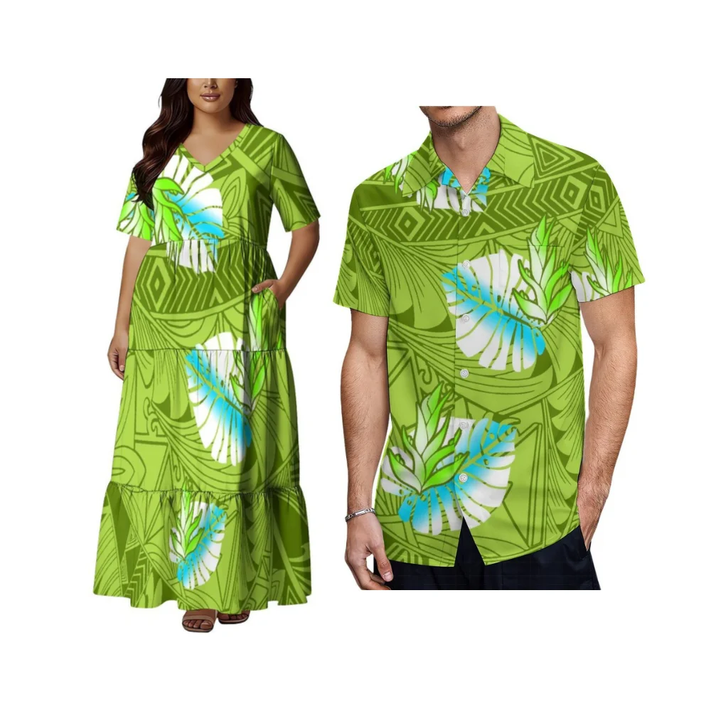 Summer Casual Style Women'S Long Dress With Pocket Design Men'S Short-Sleeved Shirt Polynesian Custom-Patterned Dress