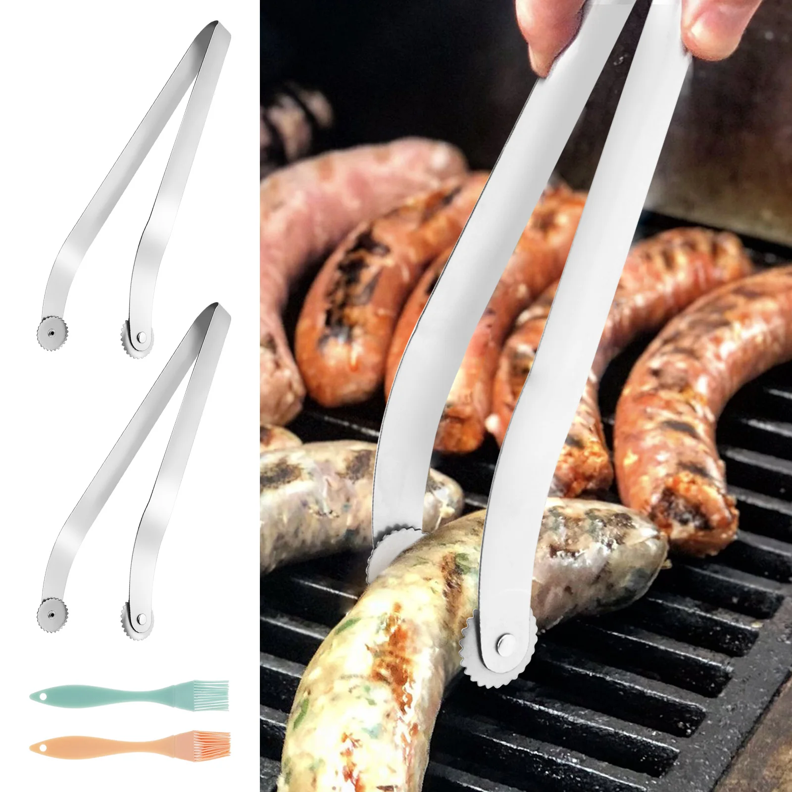 BBQ Sausage Turning Tongs, New Stainless Steel Hot Dog Turning Tongs for Cooking, Grillers Grill Tongs BBQ Turning Tongs Bacon