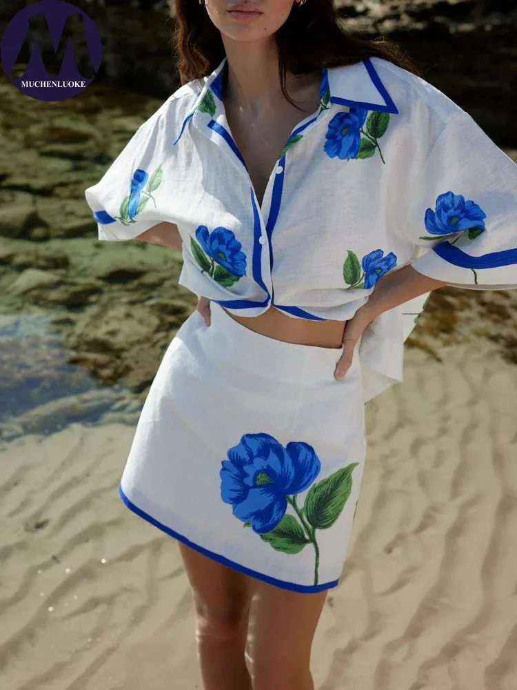 2 قطعة مجموعات امرأة الزي الصيف جديد طباعة نصف كم التلبيب قميص فضفاض بلايز الدعاوى موضة عادية الورك المعانقة تنورة صغيرة مجموعة