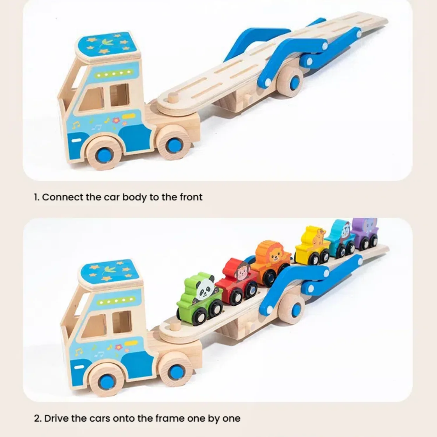 مونتيسوري الحيوان سيارات شاحنة طفل لعب خشبية قابلة للطي المسار مقطورة لعبة بطاقة مطابقة لعبة تعلم لعبة محرك غرامة للأطفال