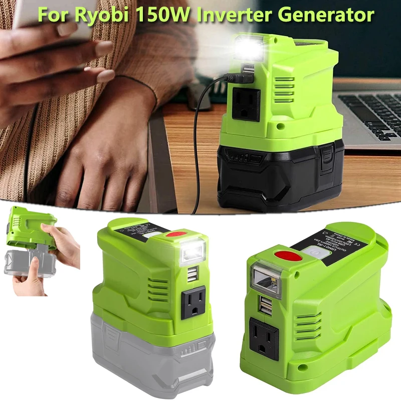 

150W Powered Inverter Generator For Ryobi 18V Lithium Battery DC to AC 110-120V with LED Light for Camping, Hiking, Traveling