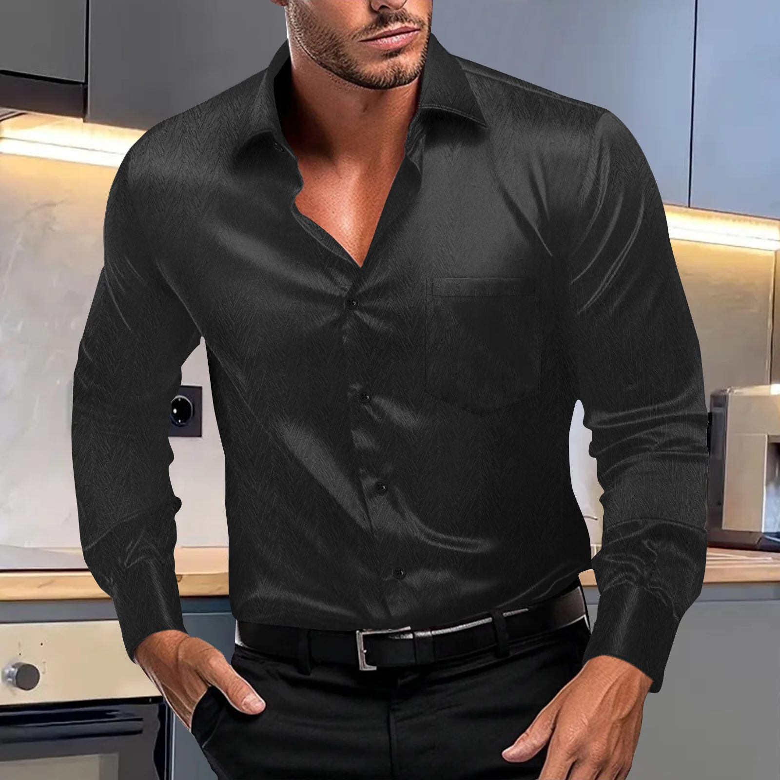 Casual men\'s satin formal pocket shirt Long sleeve party single breasted lapel shirt Wedding party men\'s dress