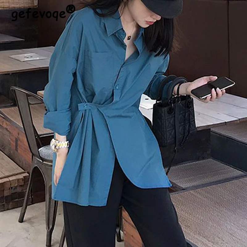 Women Trendy Vintage Asymmetrical Design Button Shirts Simple Chic Slit Loose Blouse Female Solid Long Sleeve Tops Casual Blusas