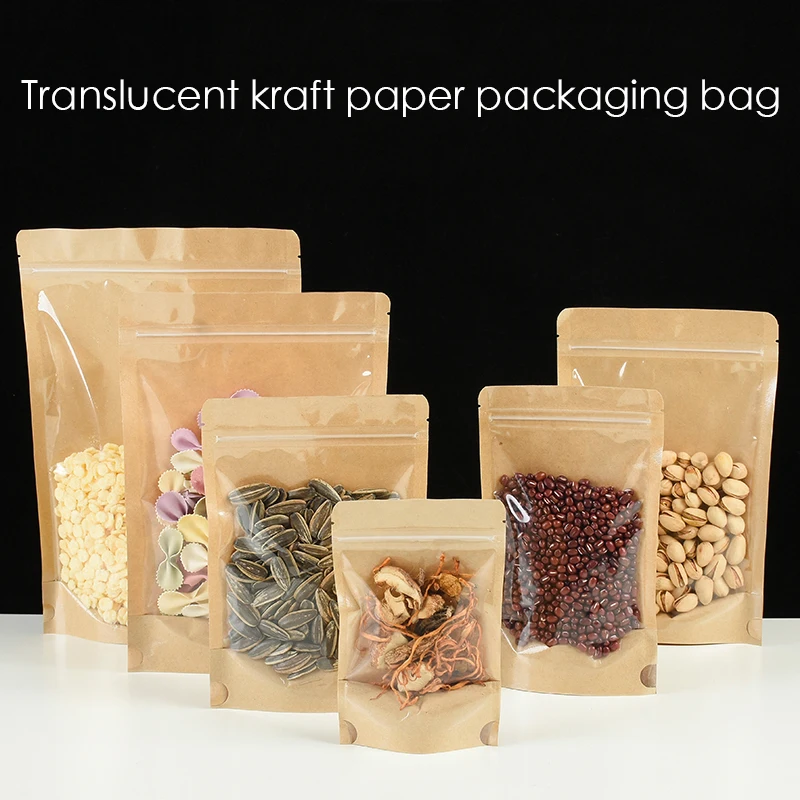 100 Kraft paper sealed pocket Stand up Zip lock Kraft Paper Window Bag Pouches Zipper Self Sealing Bags Food Fruit Tea packaging