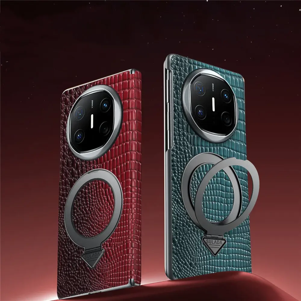 

Original Sulada Genuine Cowhide Leather Crocodile Pattern Case For Huawei Mate X6 X5 Hinge Metal Ring Holder Bracket Back Cover