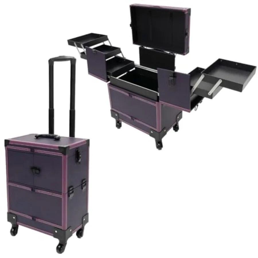 

Professional Cosmetic Organizer Box Rolling Makeup Case in Purple Corner Guard Design 6-Tray Storage 110 LBS Capacity for Artis