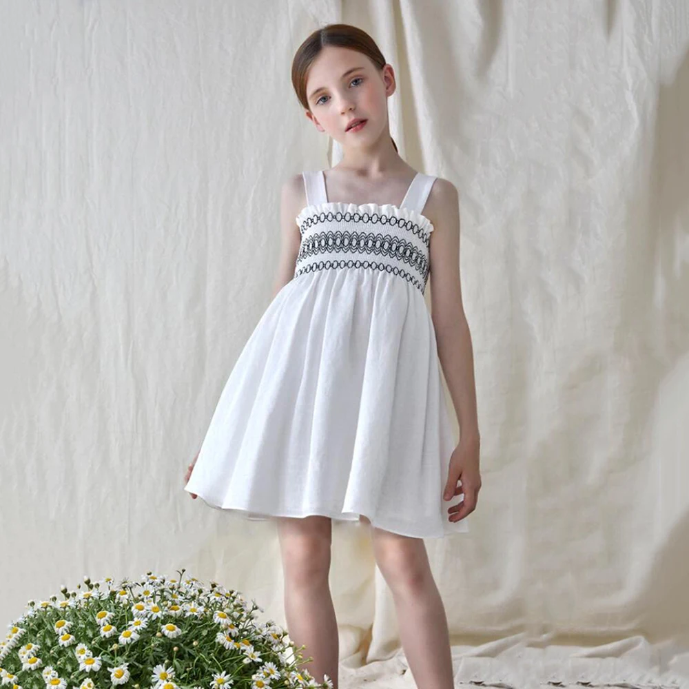 Spanish Style Cotton and Linen Girls Smocked Dress 2023 Summer Dress Baby Children White Elastic Dress with Cotton Linen, #7016