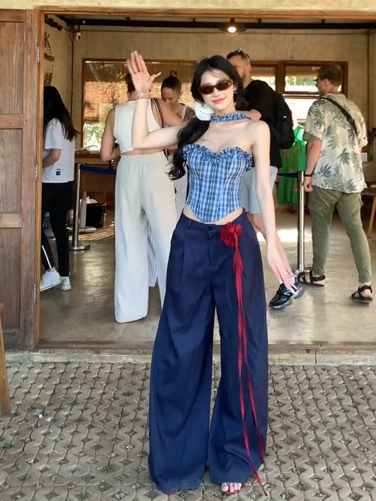 

KENI plus Size Sweet Spicy Plaid Tube Top Women's Spring Summer Fashionable High Waist Wide Leg Pants Two Piece Set