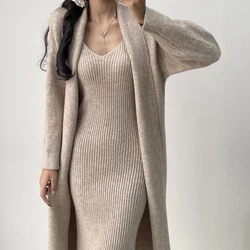 Fall Winter Warm Knitted Dresses 2 Pieces Set For Women Korean Casual V Neck Knit Sweater Dress+long Sleeve Solid Cardigans Suit