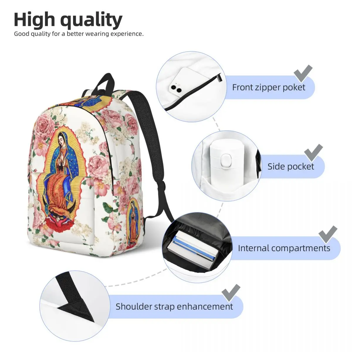 Virgin Of Guadalupe Canvas Backpack for Women Men Water Resistant College School Mexico Catholic Virgin Mary Bag Print Bookbags