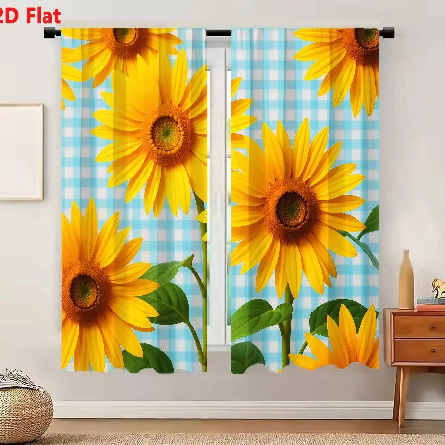 2Pcs Curtains 2D Flat Bright Yellow Sunflowers On Light Blue And White Gingham Background Pattern Fresh Summery Decorative Seaml