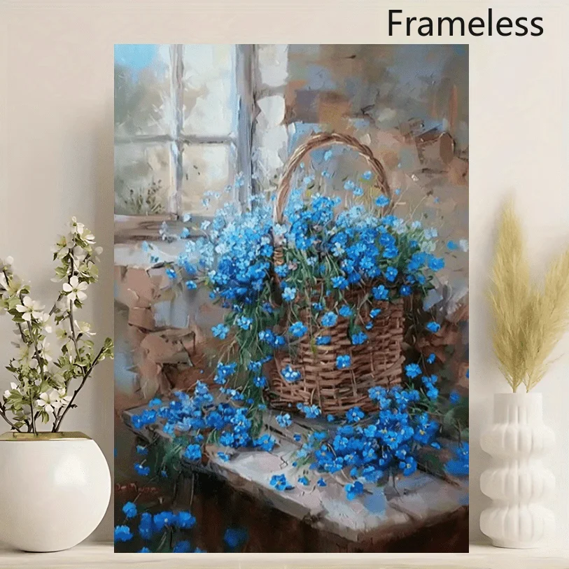 2D Flat, 2D Flat, A 2D Flat, Unframed Canvas Painting Featuring Blue Forget-Me-Not Flowers, Measuring 12X18 Inches (30X45cm).