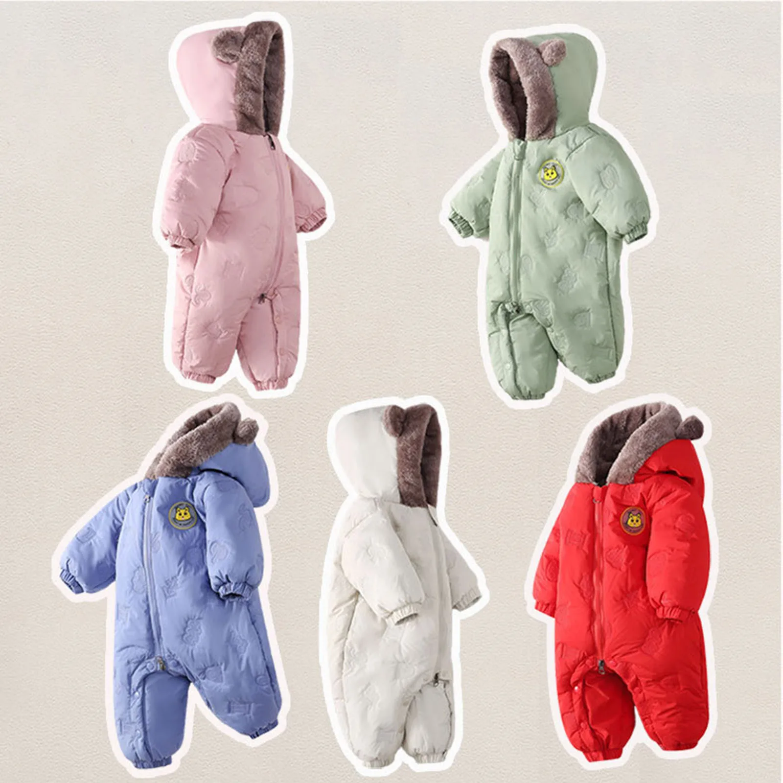 

2025 Baby Snowsuit Newbron Hooded Rompers Winter Outfit Clothes Infant Warm Bear Zipper Coat Jumpsuit Romper Plain Outfits