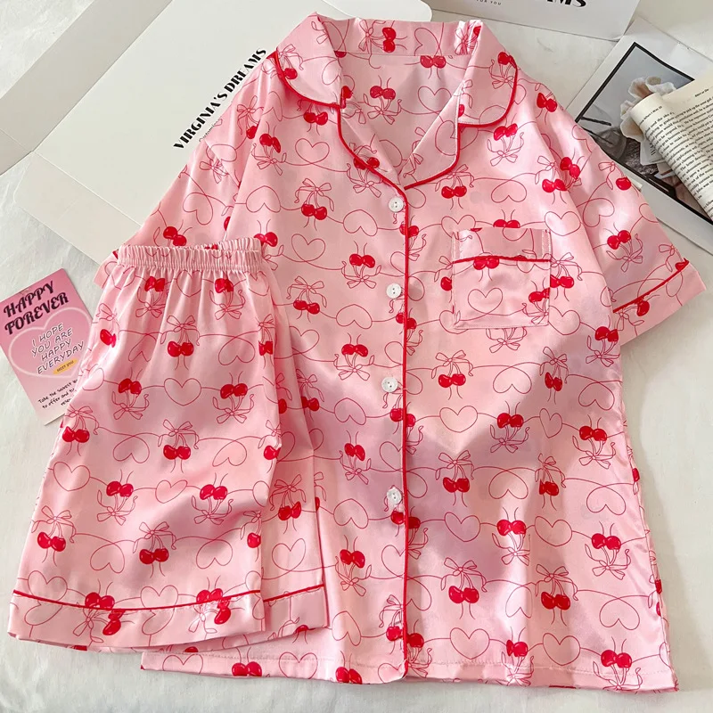 

New Summer Dress Short Sleeve Love High-End Ice Silk Pajamas Women's Summer Thin Short Sleeve New Sweet Loungewear Set Real Shot