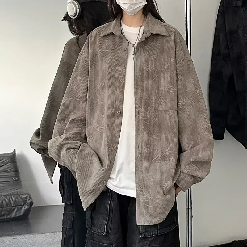 Camisas de manga larga de pana Jacquard para hombre, camisa estampada informal Vintage 2025, Y2K, moda Hip Hop, camisa masculina con botones, primavera