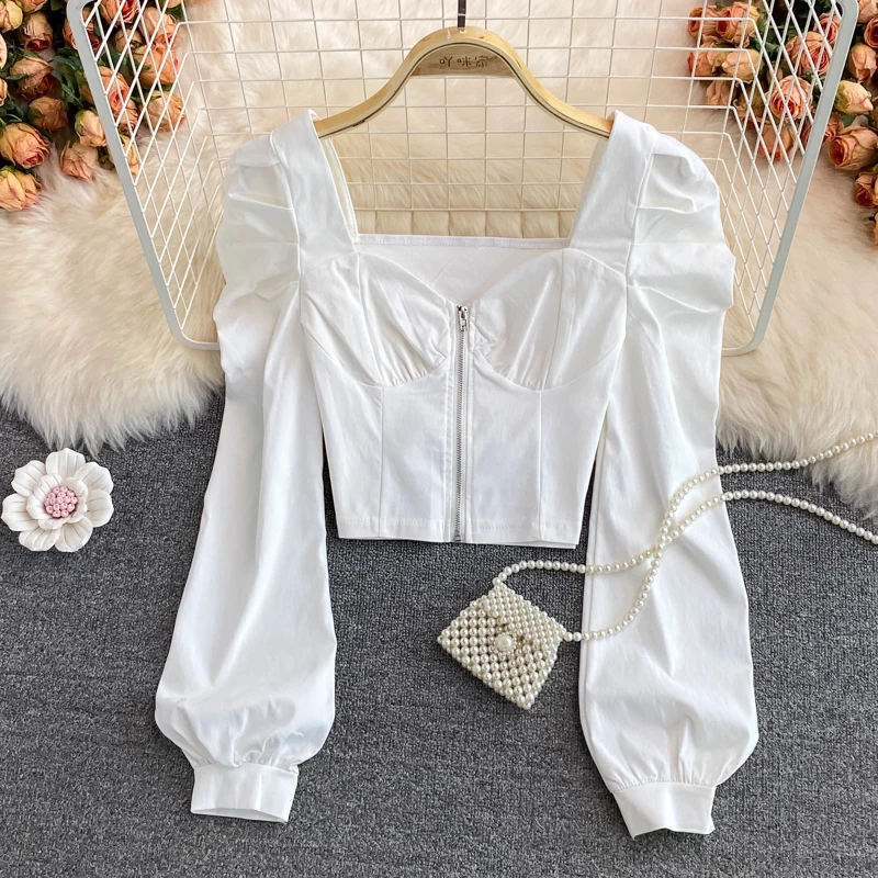 Women\'s Solid Square Collar Shirt Off Shoulder Zipper Long Sleeve Top 2023 Autumn Retro Slim Bubble Sleeve All-Match Crop Shirt