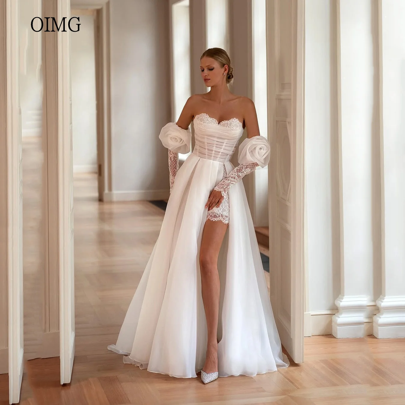 

OIMG Elegant Ivory A Line Wedding Dress Lace Sweetheart Neck Bride Dresses Flower Sleeves Side Slit Wedding Gowns Customized