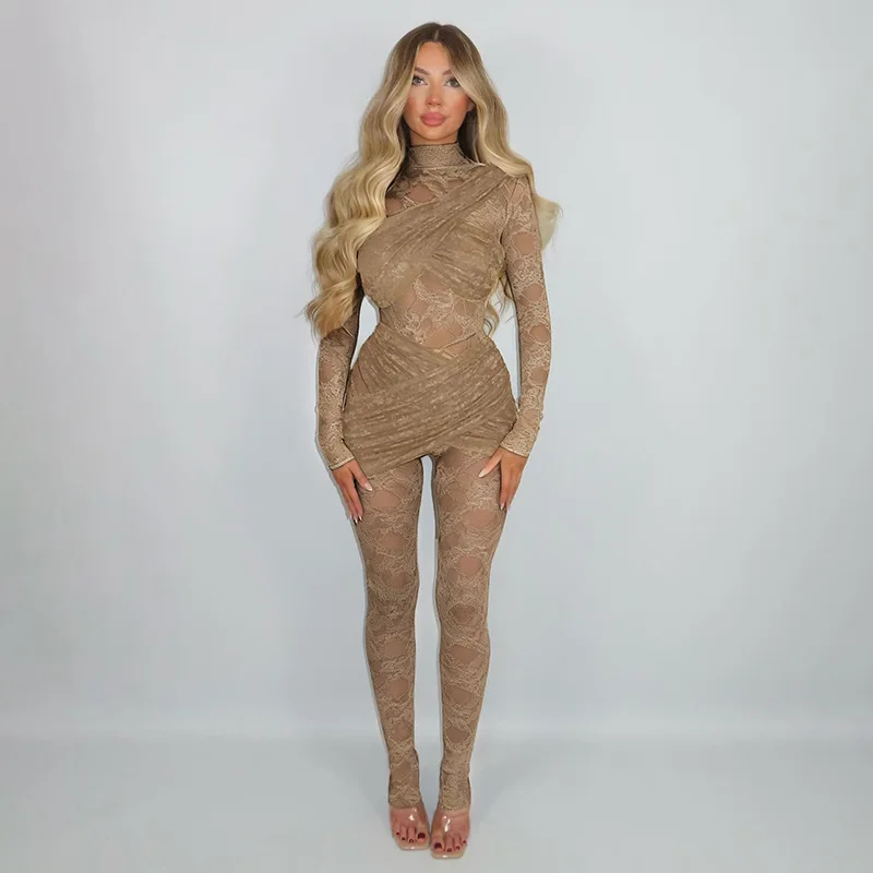 

Apprabant Women's Patchwork Sheer Sexy Lace Tight Long Jumpsuit Winter New Long Sleeve Round Neck Backless Solid Color Partywear