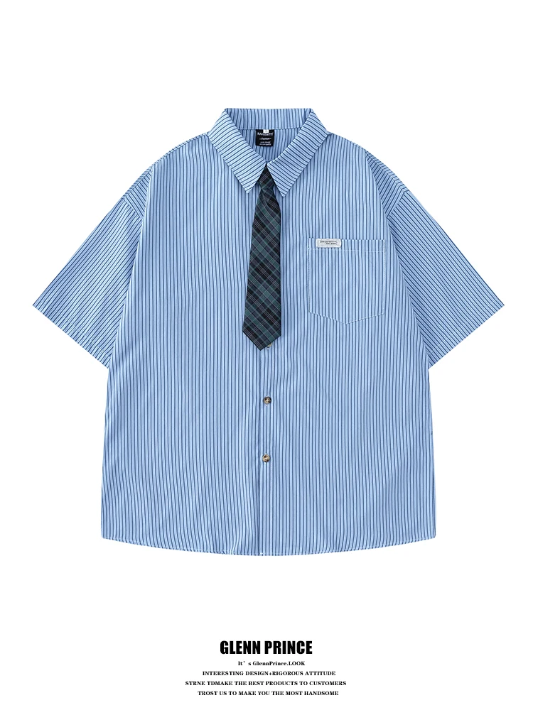 

Мужская летняя рубашка свободного кроя из хлопка, синяя в полоску, с коротким рукавом, с галстуком, в винтажном японском стиле, в стиле колледж.