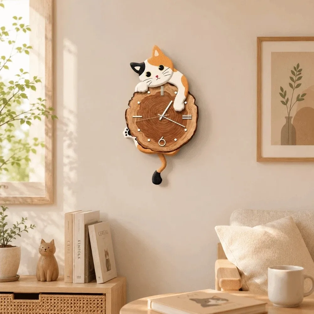 No Battery Cute Cat Wall Clock Silent Feature Tail Swing Wall Mounted Clock Home Decoration Cat Hanging Clock Dormitory