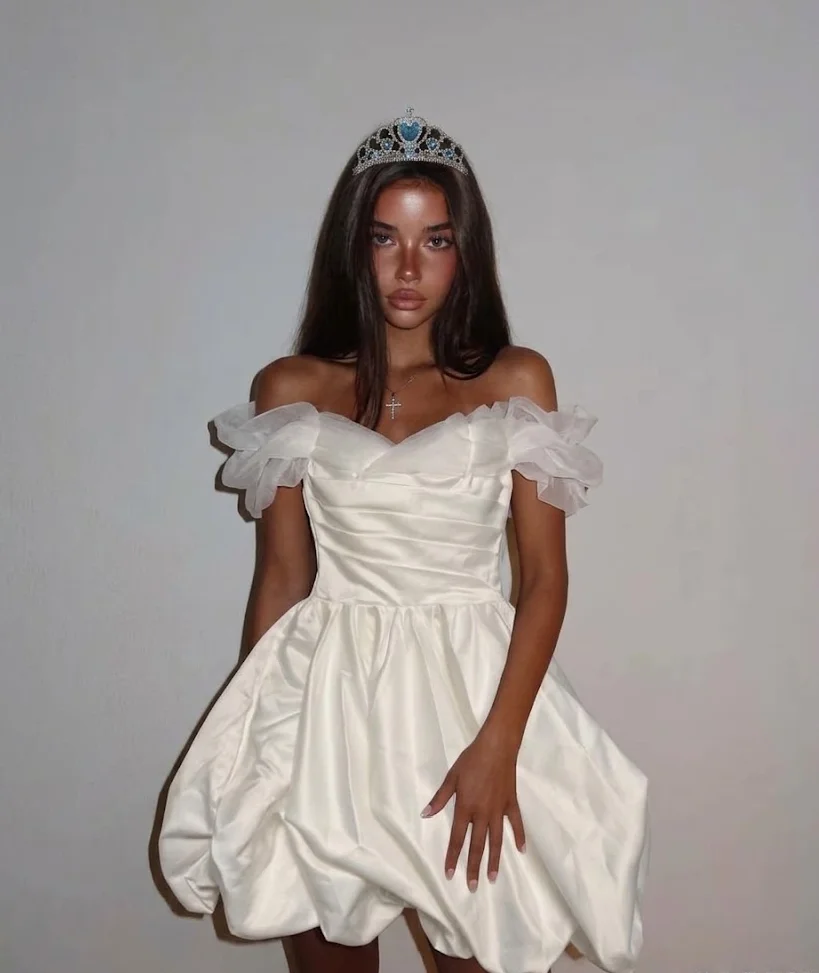 Oloey Customized 2027 Sweetheart Off the Shoulder Mini Wedding Dress Satin Puff Bubble Hem Bridal Gown Civil Bride Dress
