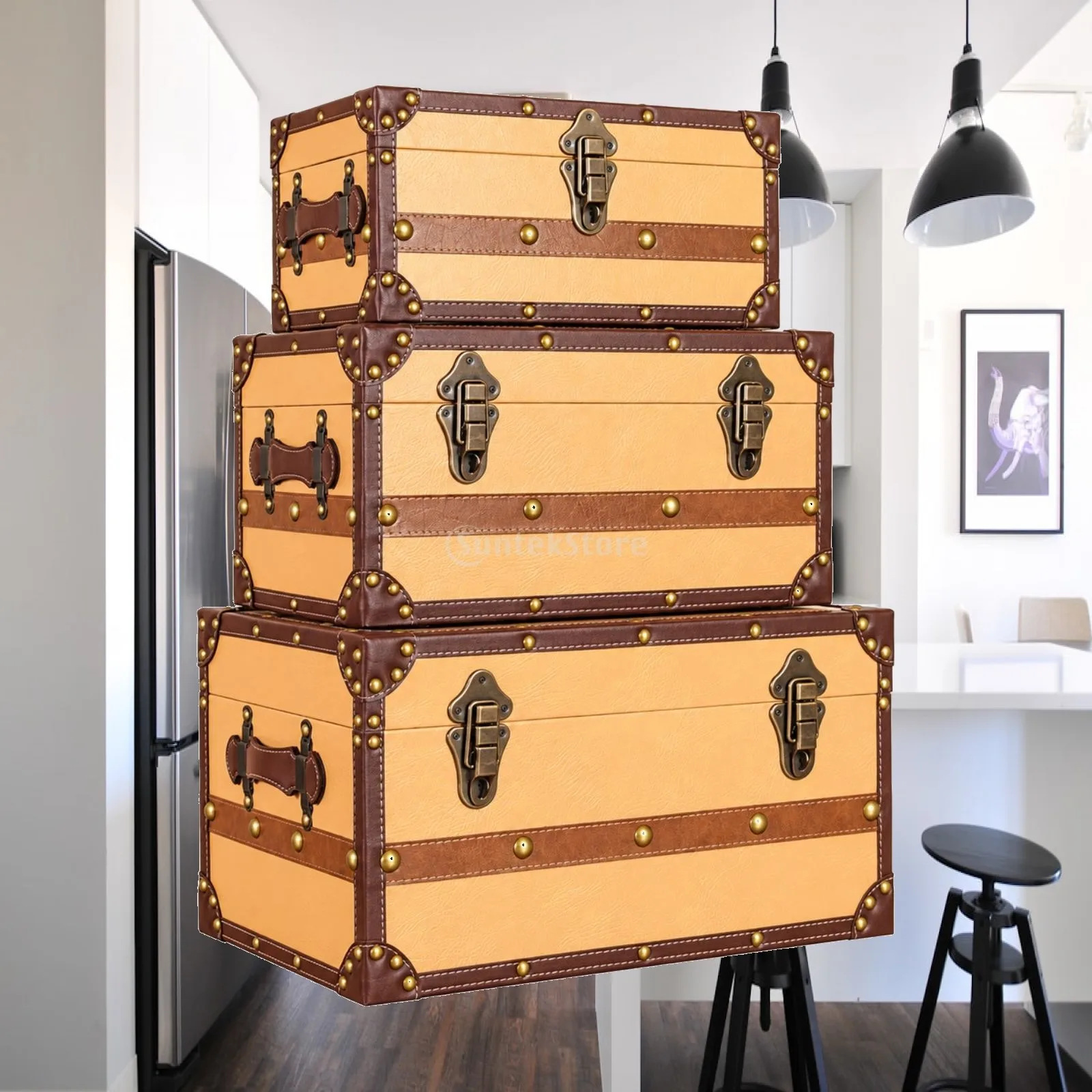 Faux Leather Trim Vintage Trunk Box for Retail Window Styling Household Storage