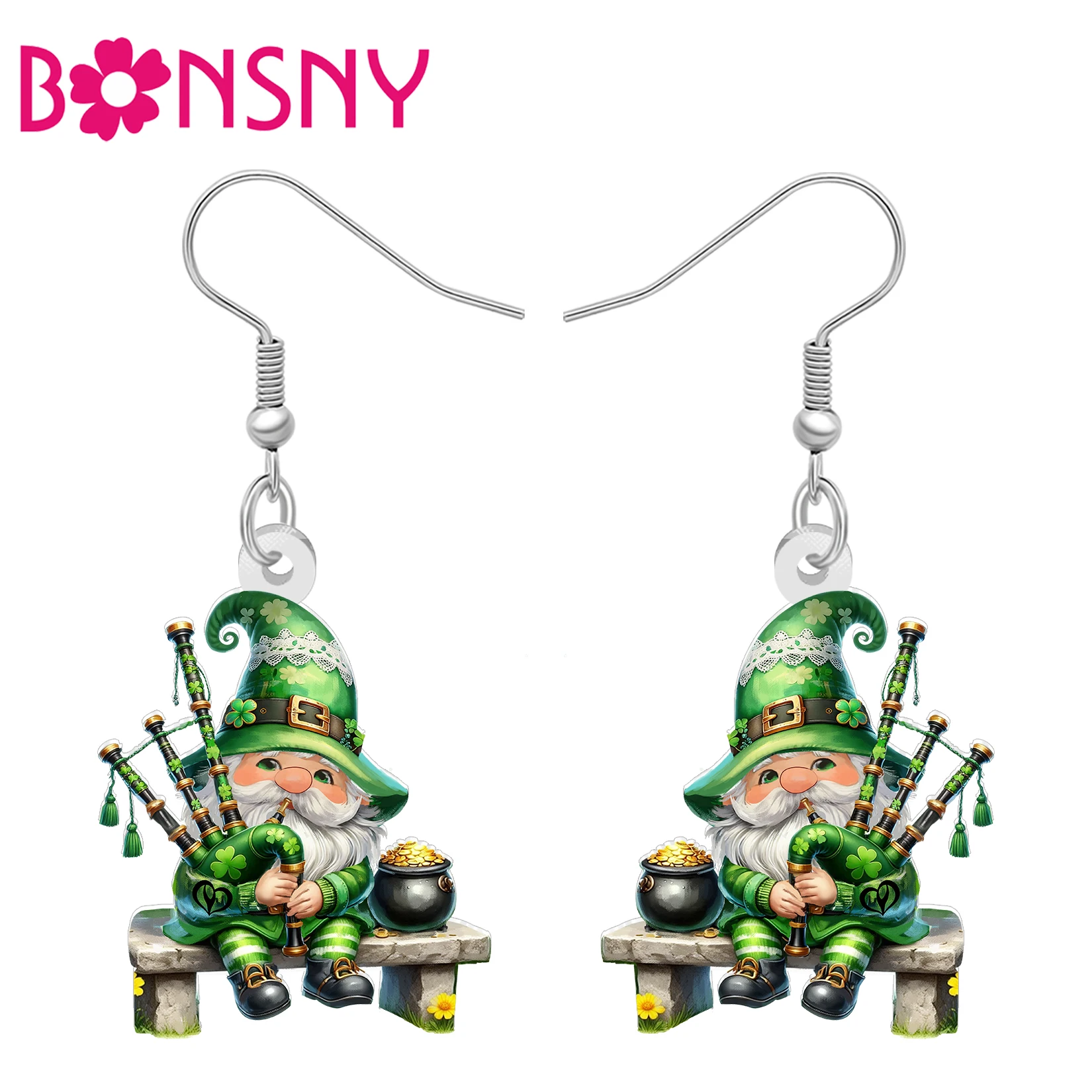 BONSNY Acrylic St Patricks Day Gnomes Earrings Gold Coin Bagpipes Irish Leprechaun Holiday Jewelry Music Gnome Gifts For Women