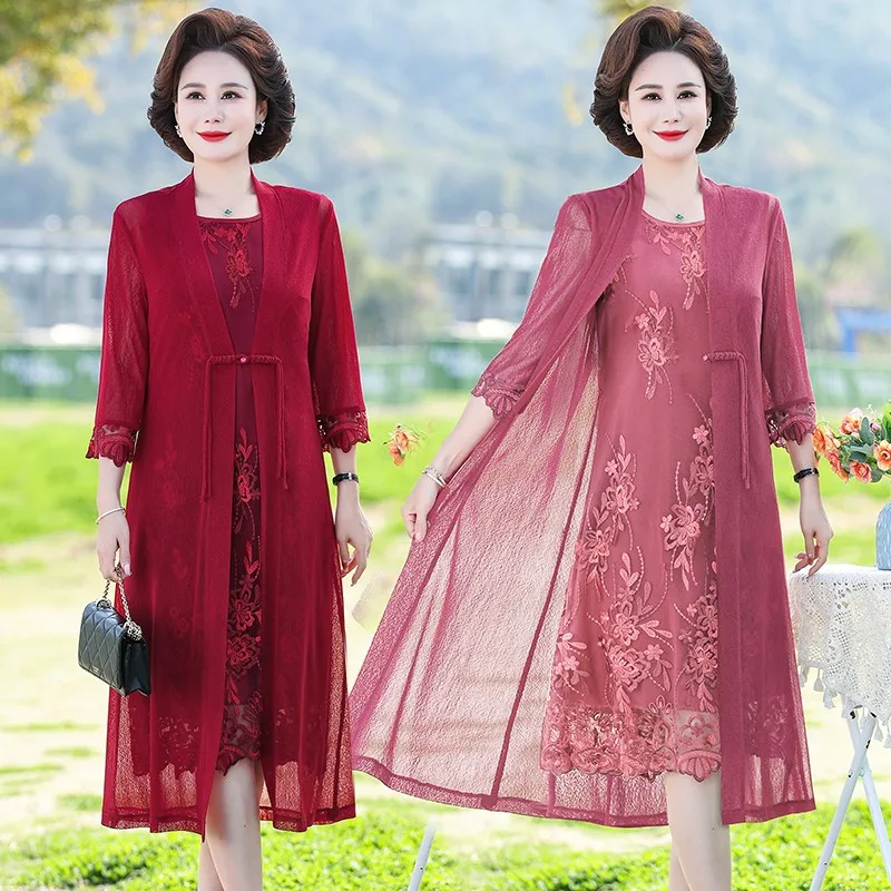 Retro Middle Age Mother Spring and Summer Embroidery Mesh Fabric Dress Two Piece Set New Fashion Women Fashion Chiffon Vestido