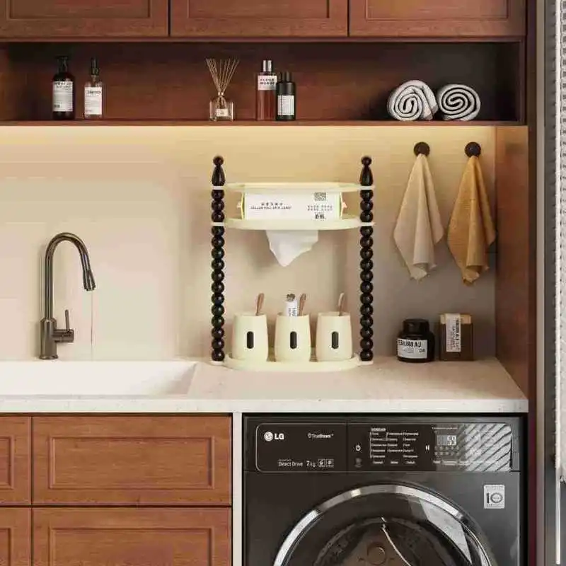 Mid-century style multi-layer bathroom organizer for toothbrushes, toothpaste, skincare products, and washcloths