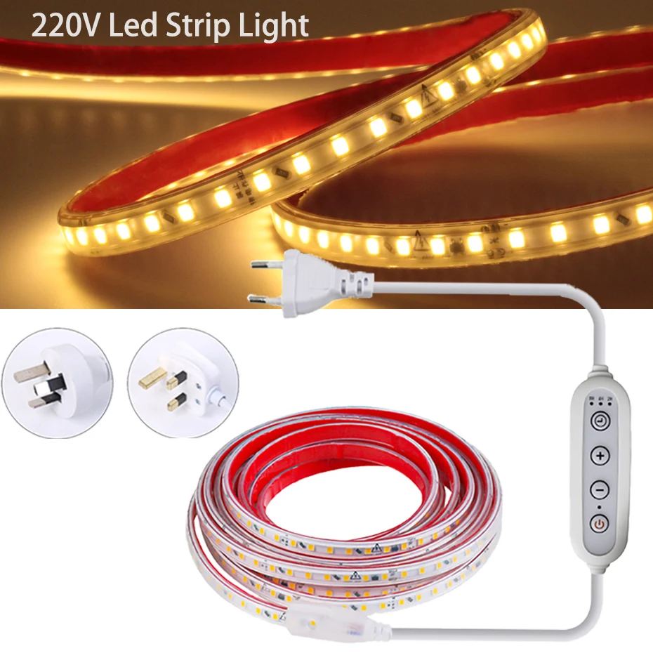 

Self-Adhesive 220V Led Strip Light 120Leds/M Flexible Tape with EU/AU/UK Timing Dimming Switch Plug Waterproof LED Ribbon Strip