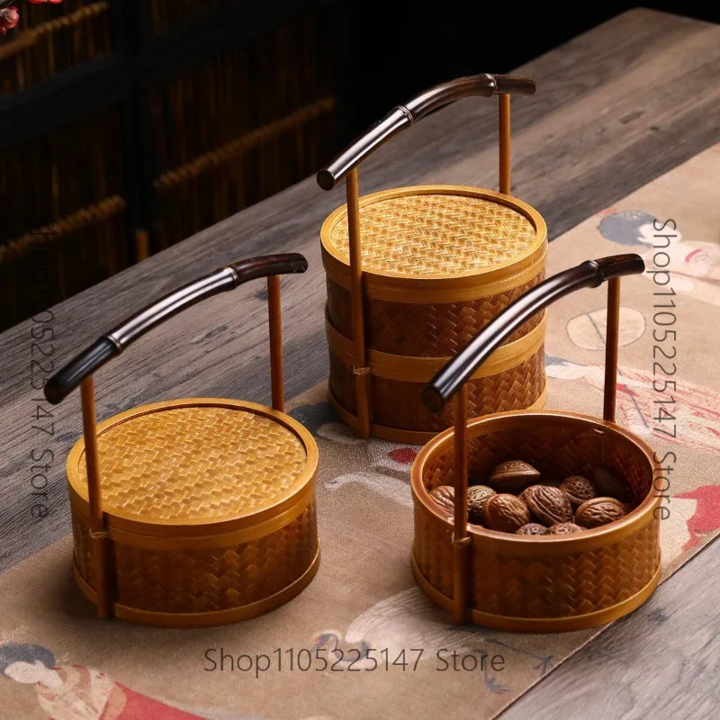 Outdoor picnic small box retro basket food box multi-layer covered snack box snack storage