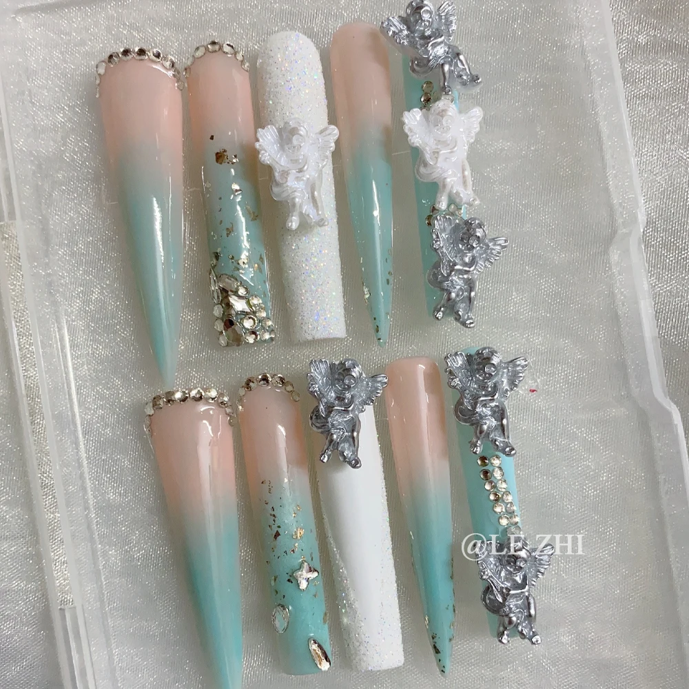 XXL Long Square Stiletto Pointed Shape Handmade Fake Nail Art French Court Angel Throwback Style Green Blue Summer Nails Art