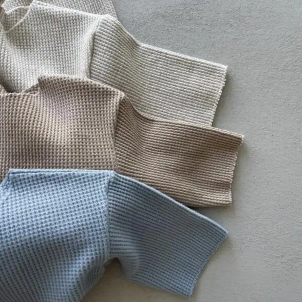 Japanese Style Solid Color Baby Knitted Waffle Grid Long Sleeved Jumpsuit with Concealed Buttons for Comfortable Baby Clothes