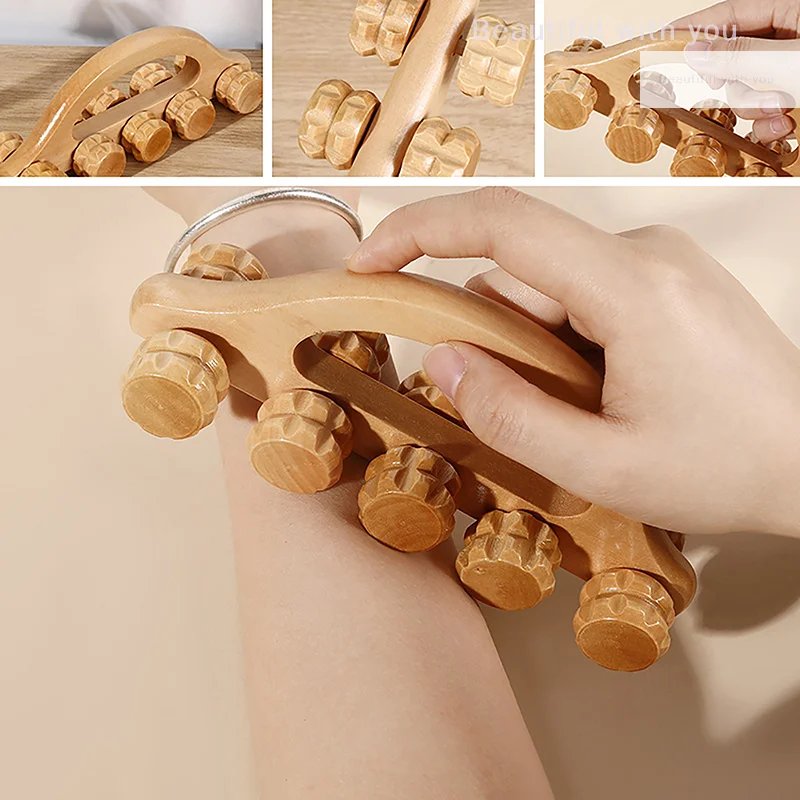 10 Wheels Wooden Car Roller Relaxing Hand Massage Tool Arched Handle Massager For Face Neck Head Foot Acupoint Muscle Relax