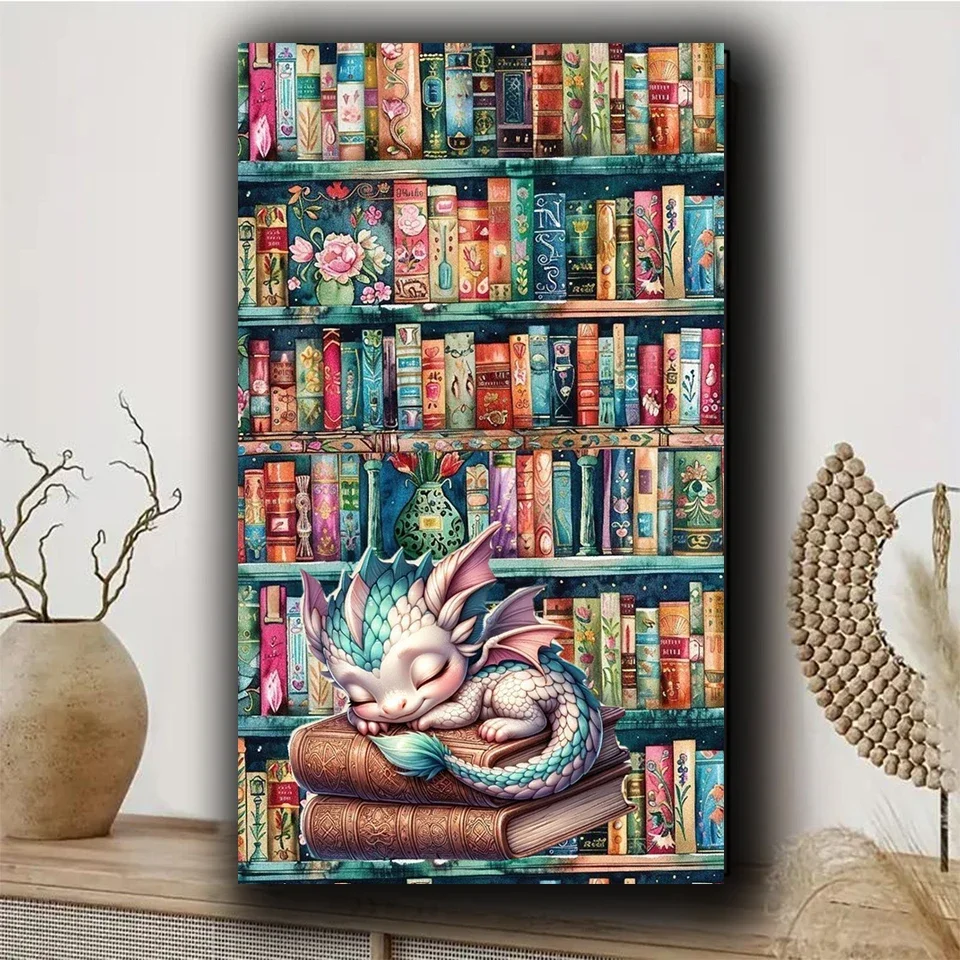 Bücherregal Drache DIY Diamantmalerei 5D Diamantkunst Vollrundes Diamantmosaik Schmuck Kreuzstich Tiere für Heimdekoration