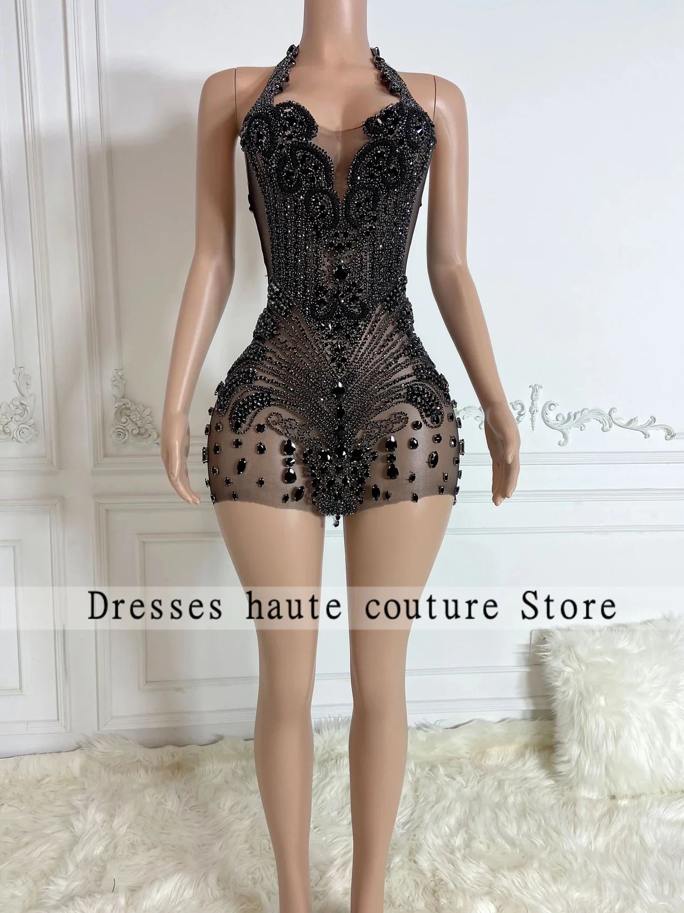 Brilhante preto rhineston mini vestidos de cocktail 2025 para menina negra frisado personalizado curto sereia vestido de baile vestido de baile