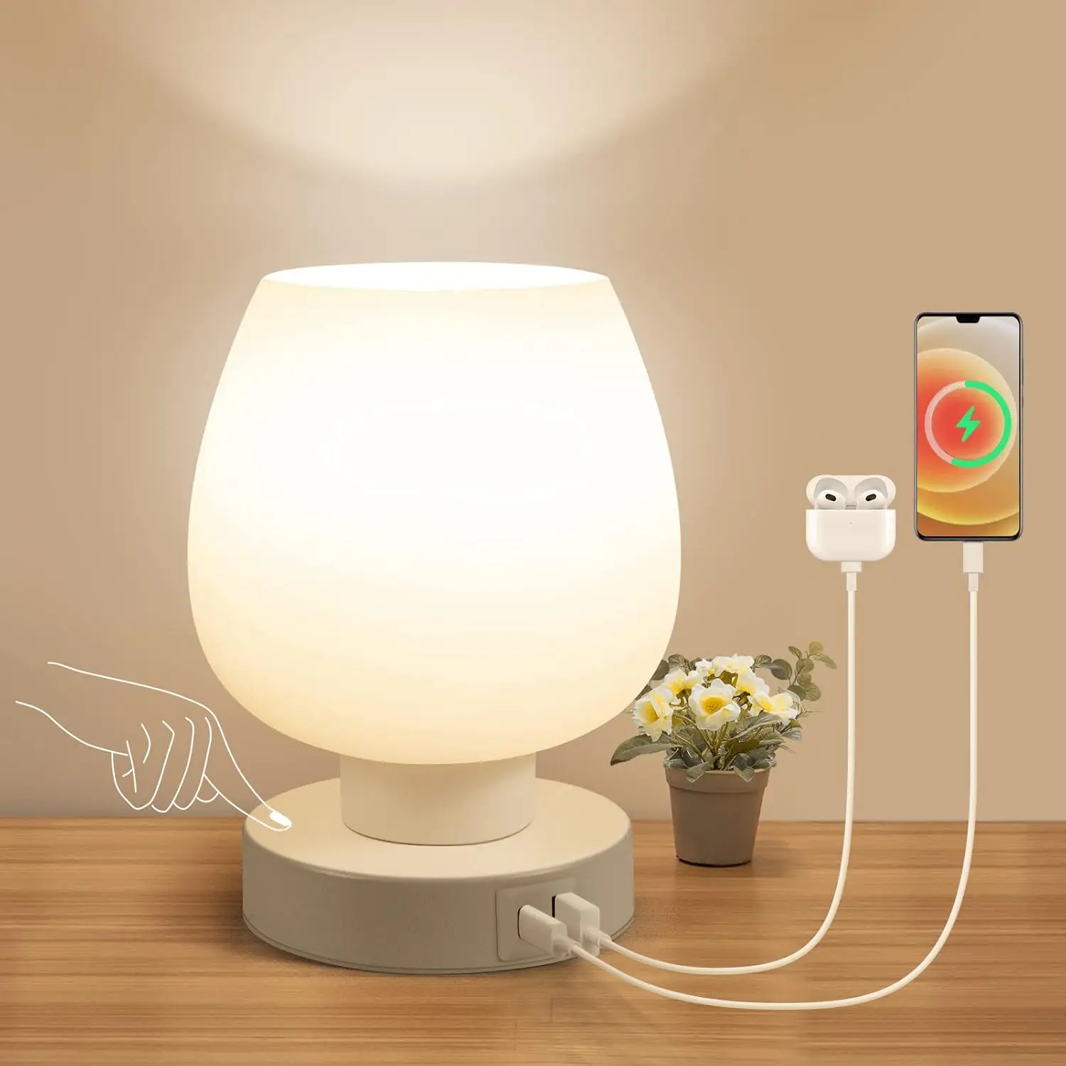 

Сенсорная прикроватная настольная лампа с зарядкой через USB C + A, светодиодная лампа с регулируемой яркостью, абажур из белого опала — идеально подходит для спальни или стола