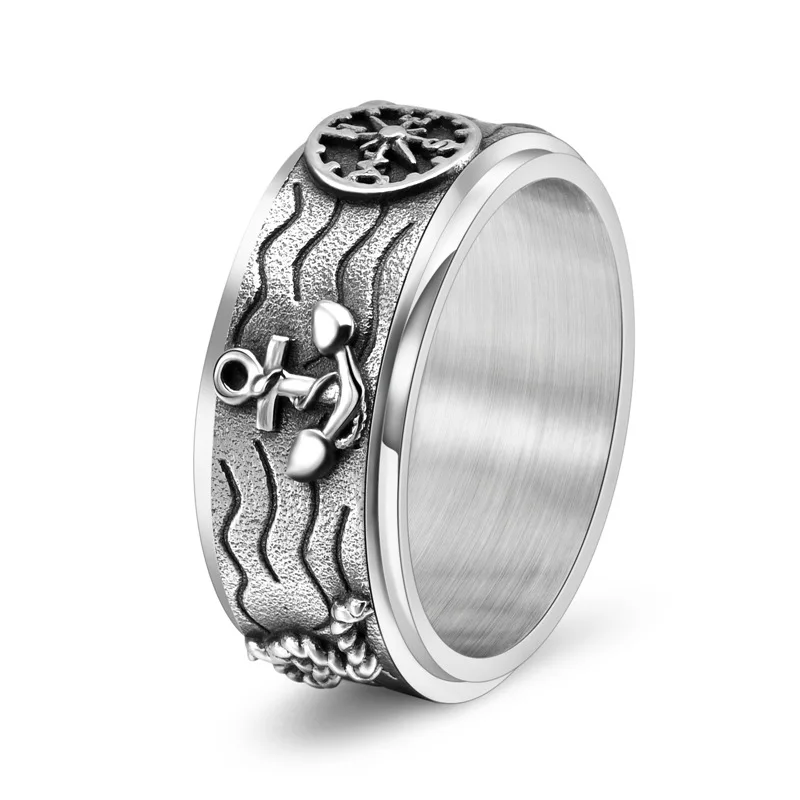 Titanium Steel Spinner Ring for Men Pirate Ship Anchor Compass Design Rotating Steampunk Jewelry with Antique Rope Texture